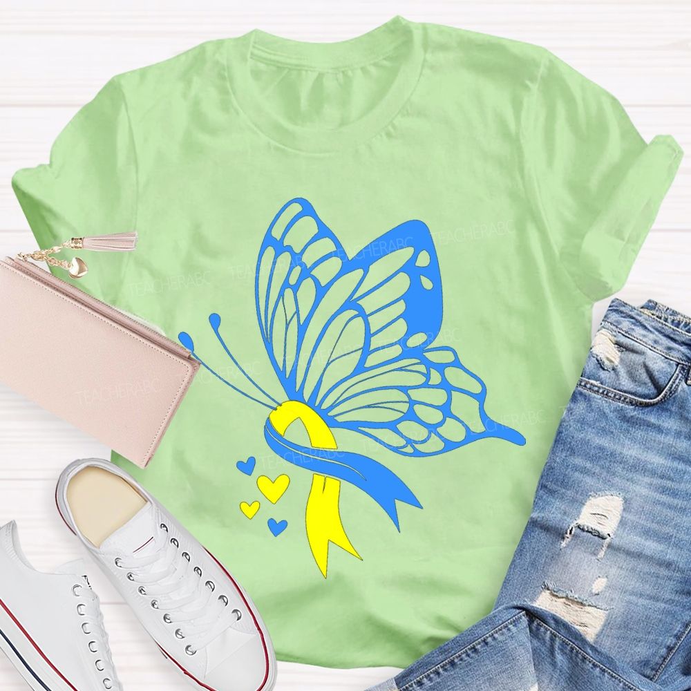 Down Syndrome Awareness Blue And Yellow Butterfly Teacher T-shirt