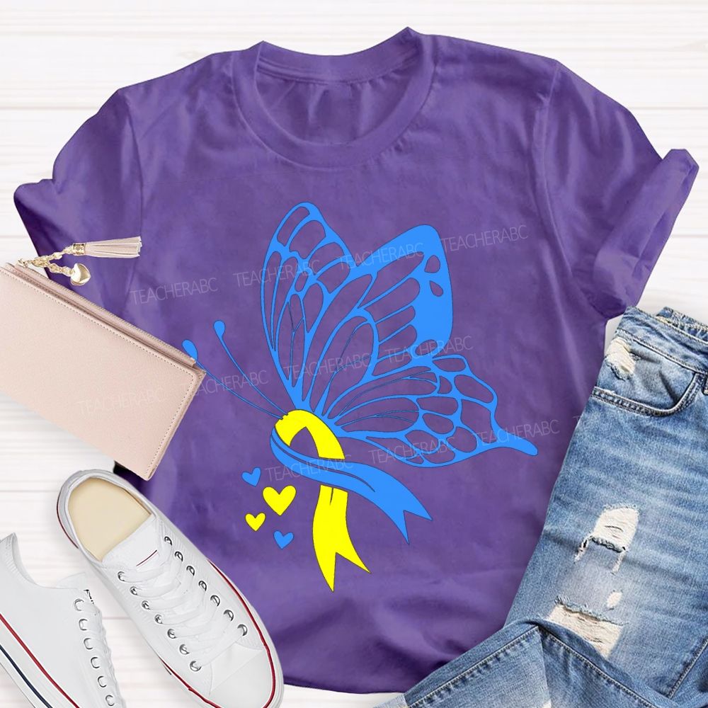 Down Syndrome Awareness Blue And Yellow Butterfly Teacher T-shirt