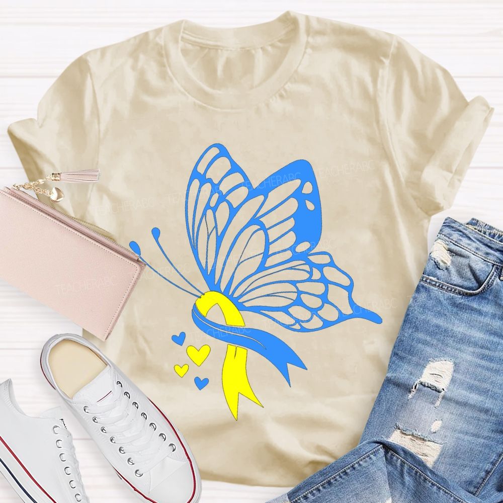 Down Syndrome Awareness Blue And Yellow Butterfly Teacher T-shirt