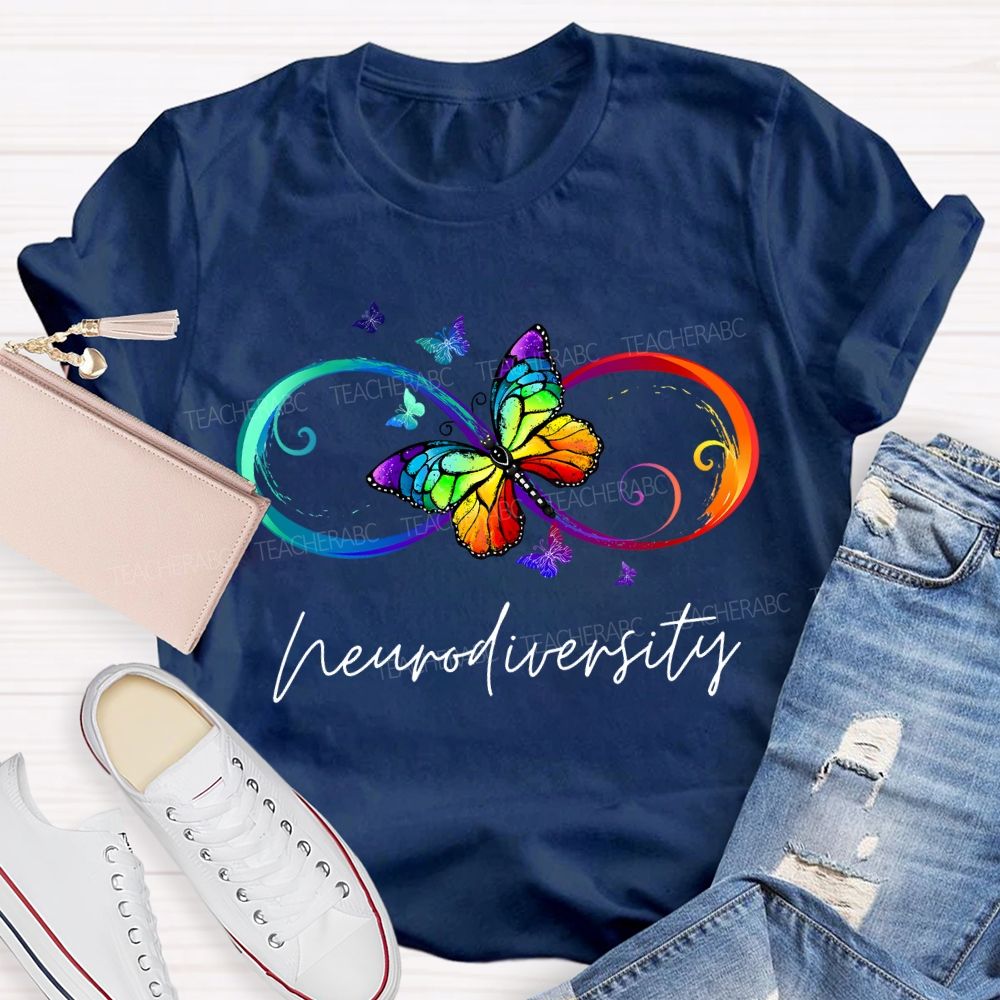 Neurodiversity Autism Awareness Butterfly And Rainbow Infinity Symbol T-shirt