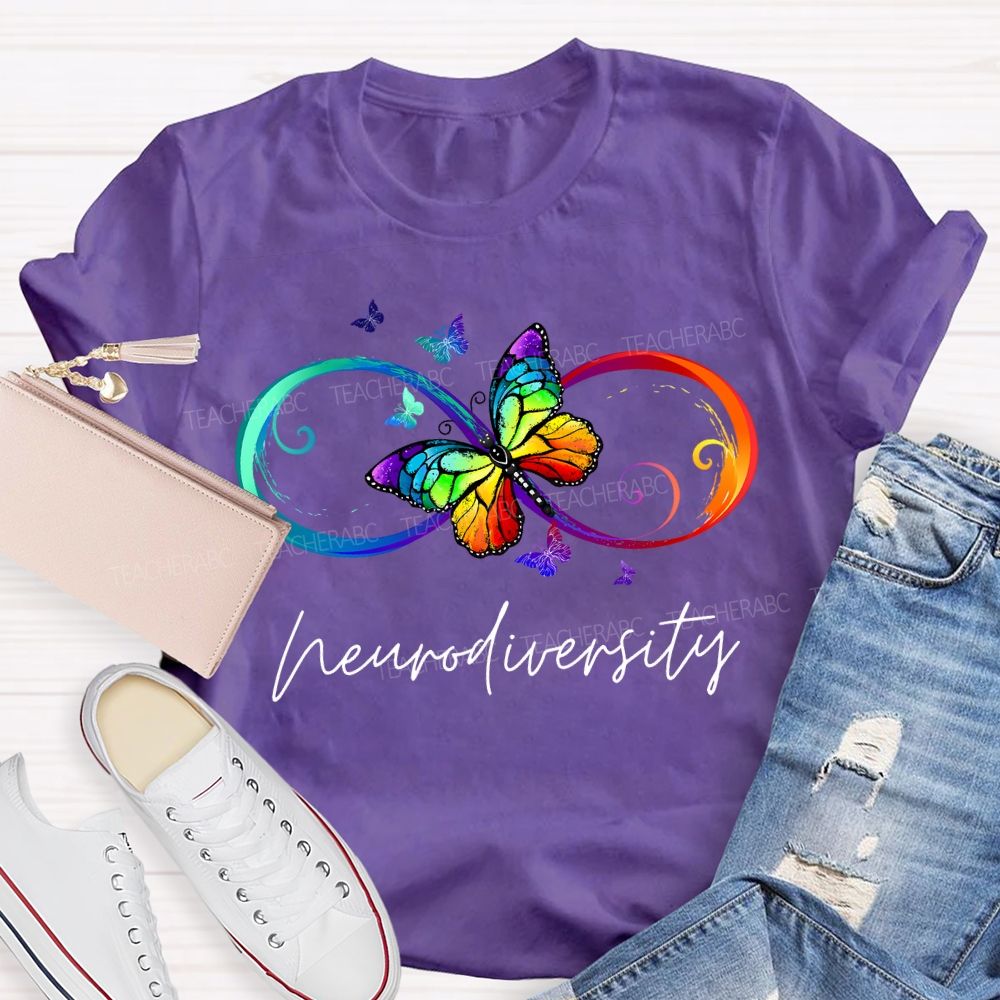 Neurodiversity Autism Awareness Butterfly And Rainbow Infinity Symbol T-shirt