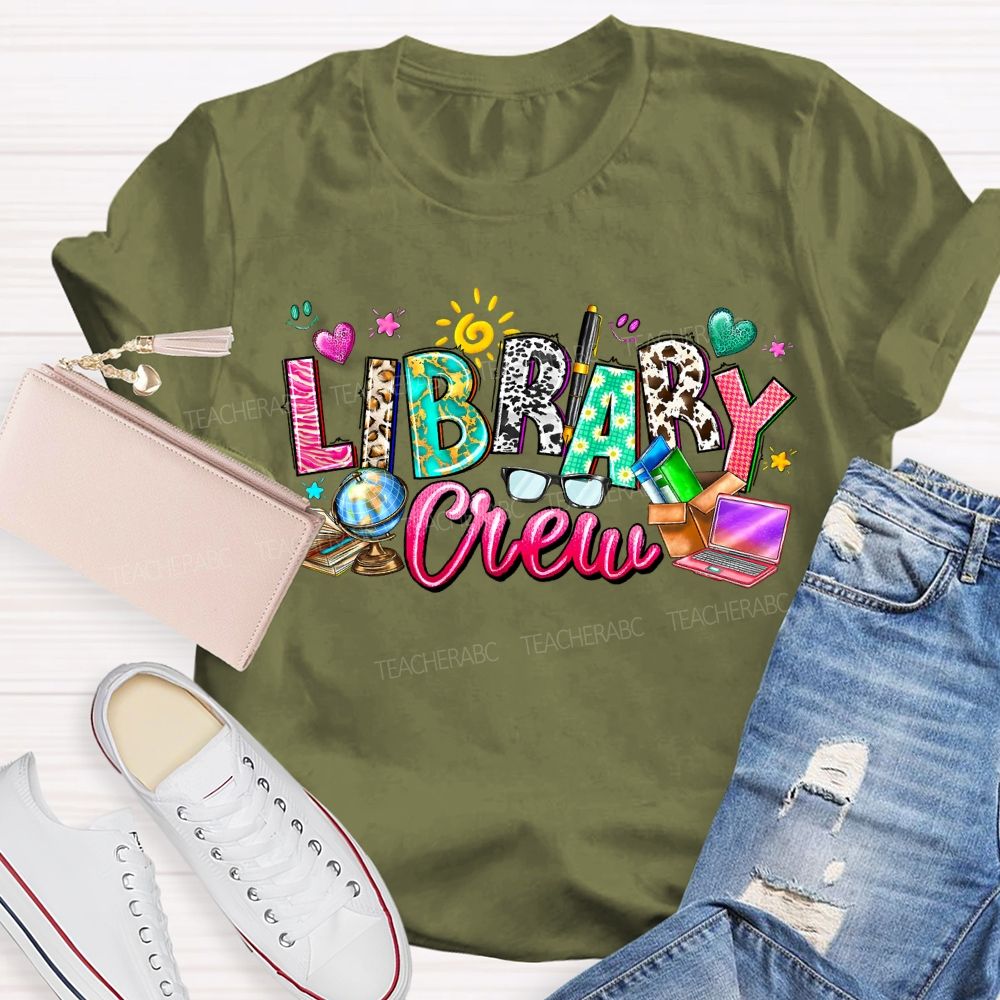 Library Crew Colored Fonts And Colored Hearts T-shirt