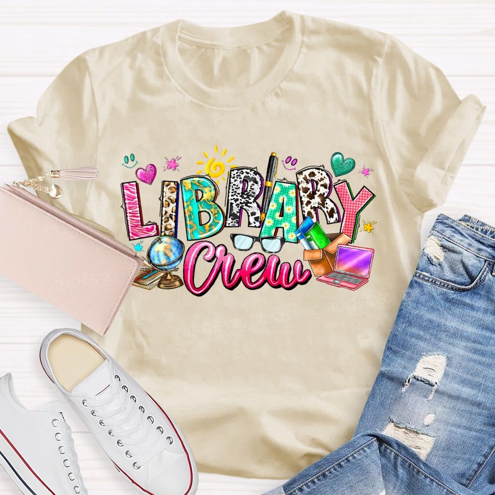 Library Crew Colored Fonts And Colored Hearts T-shirt