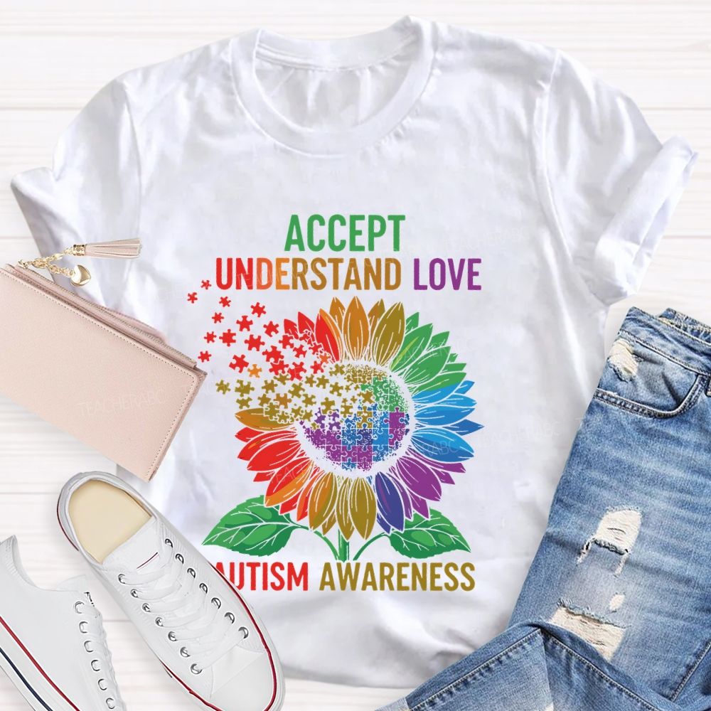 Accept Understand Love Autism Awareness Sunflower Puzzle  Teacher T-shirt