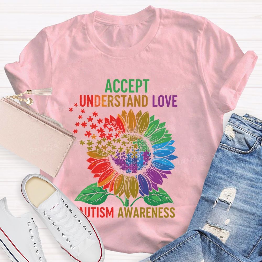 Accept Understand Love Autism Awareness Sunflower Puzzle  Teacher T-shirt