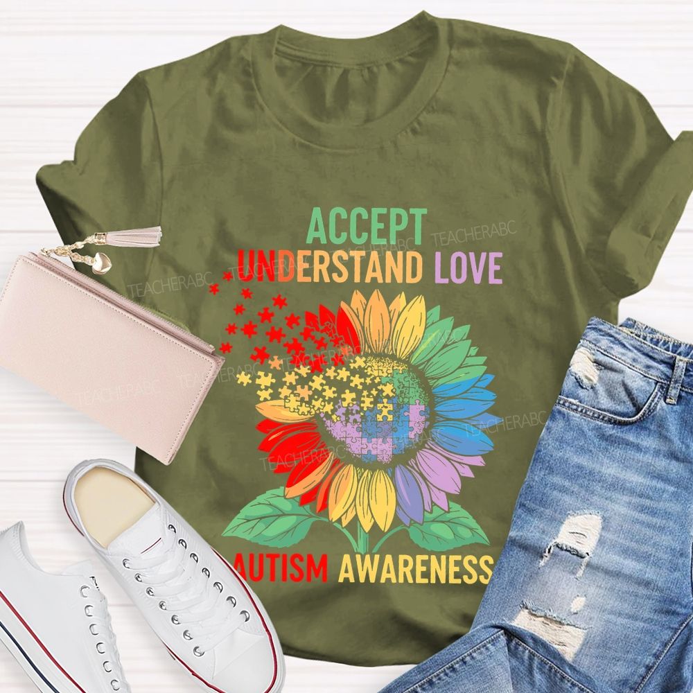 Accept Understand Love Autism Awareness Sunflower Puzzle  Teacher T-shirt