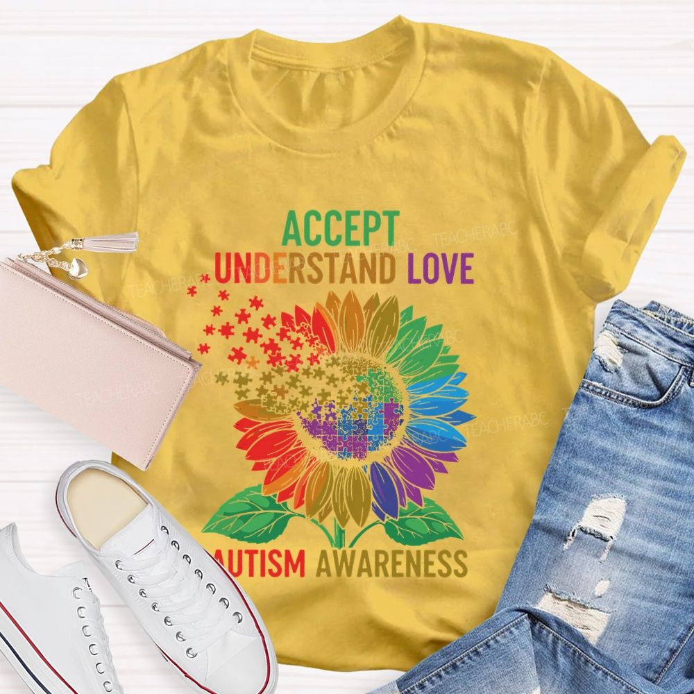 Accept Understand Love Autism Awareness Sunflower Puzzle  Teacher T-shirt