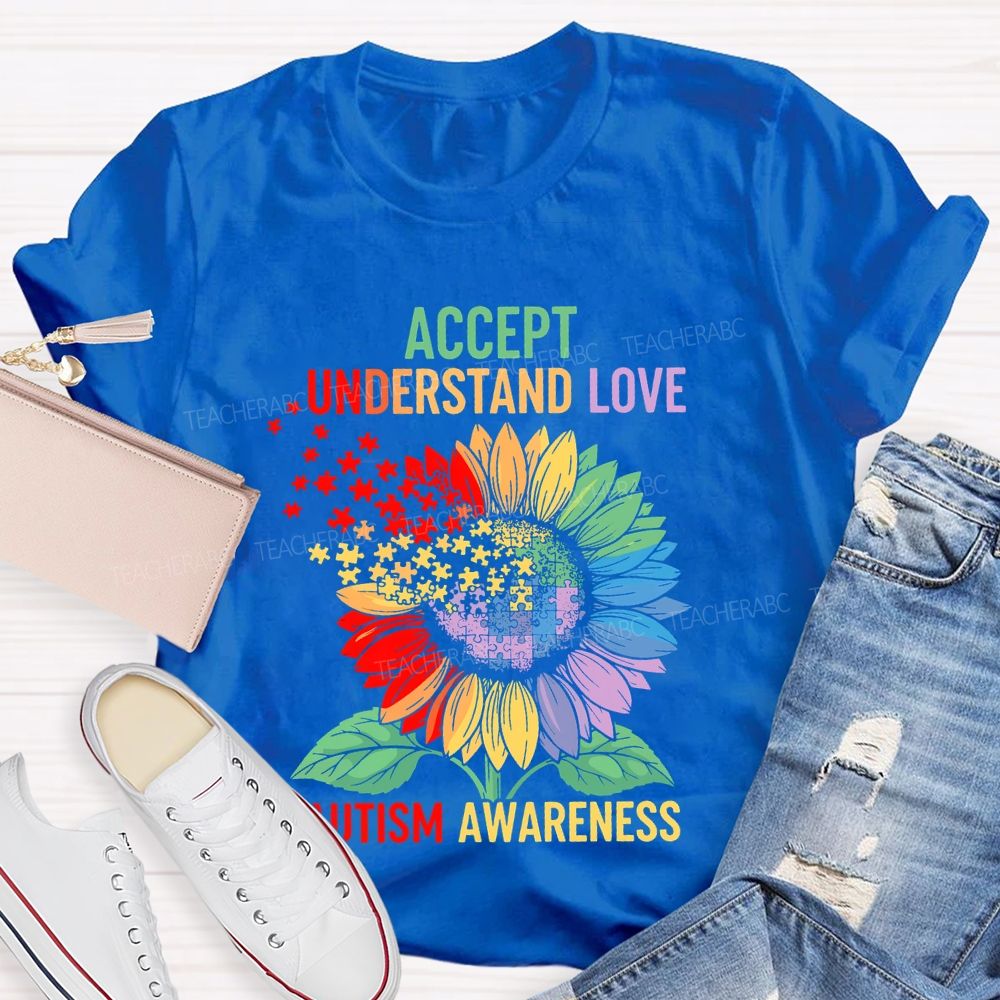 Accept Understand Love Autism Awareness Sunflower Puzzle  Teacher T-shirt