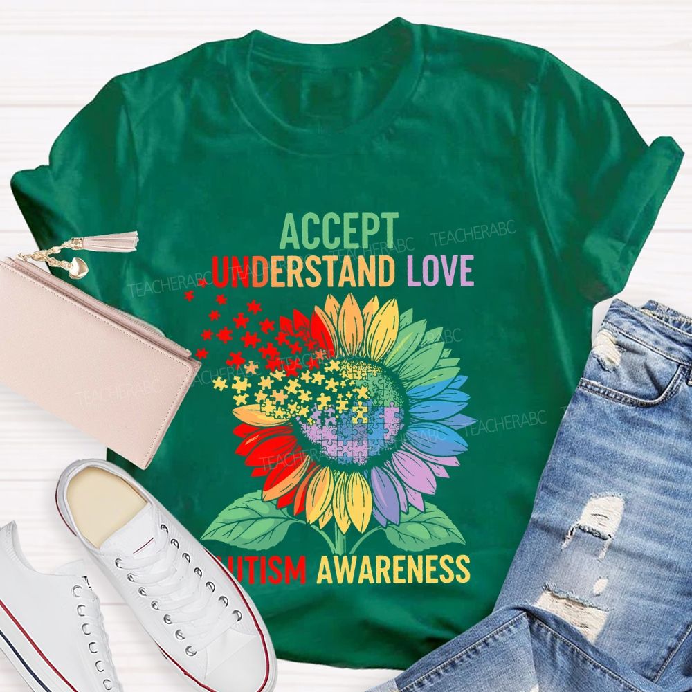 Accept Understand Love Autism Awareness Sunflower Puzzle  Teacher T-shirt