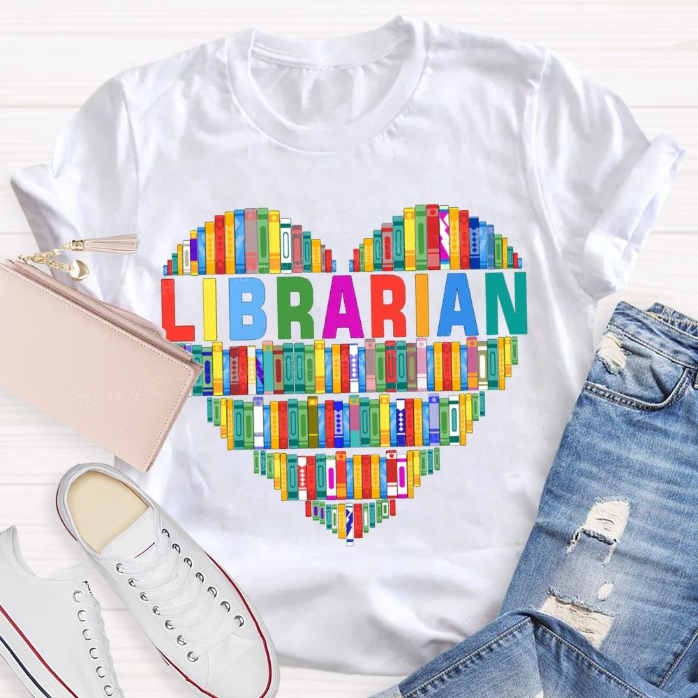 School Librarian Heart-Shaped Colorful Books T-shirt