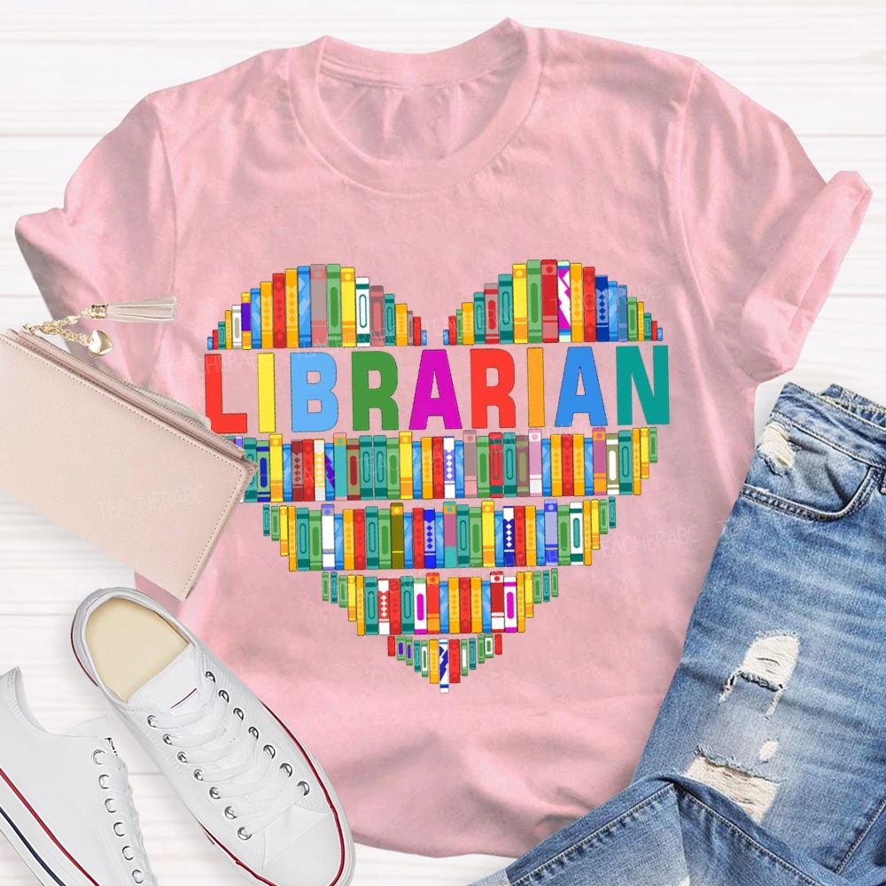School Librarian Heart-Shaped Colorful Books T-shirt