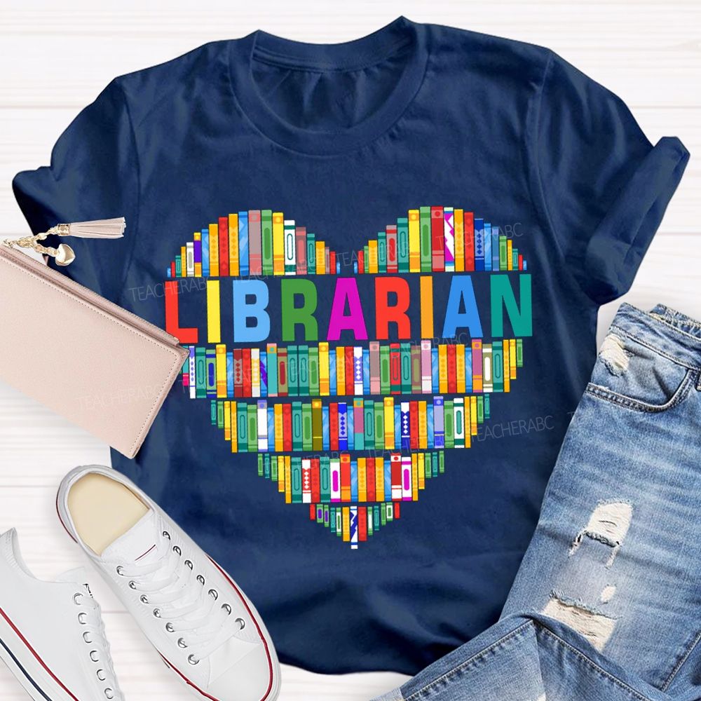 School Librarian Heart-Shaped Colorful Books T-shirt