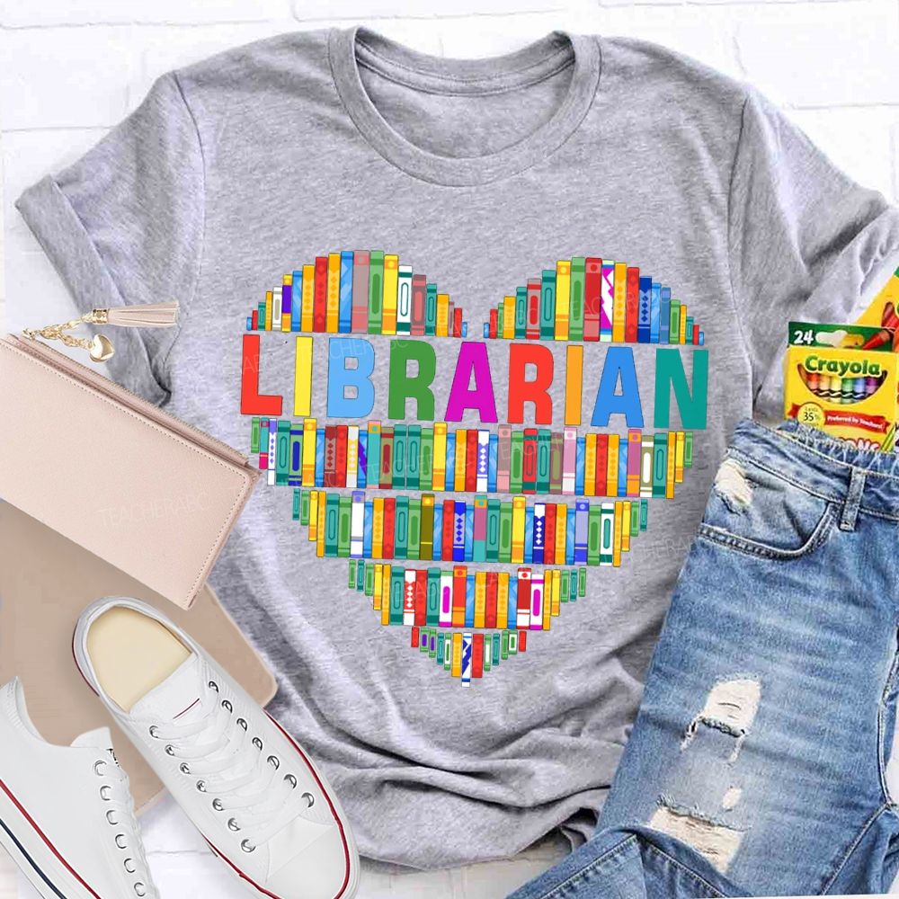 School Librarian Heart-Shaped Colorful Books T-shirt