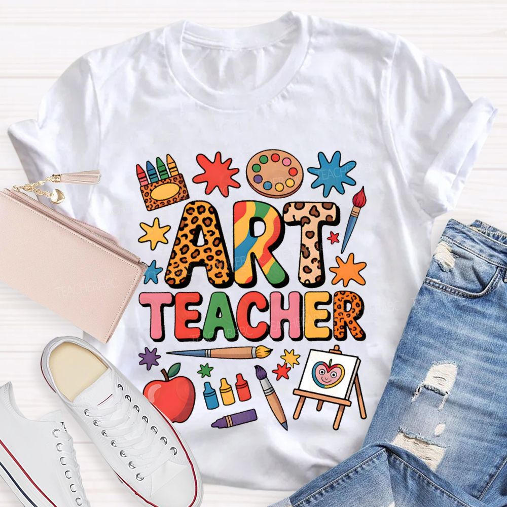 Art Teacher Colored Fonts And Crayons Teacher T-shirt