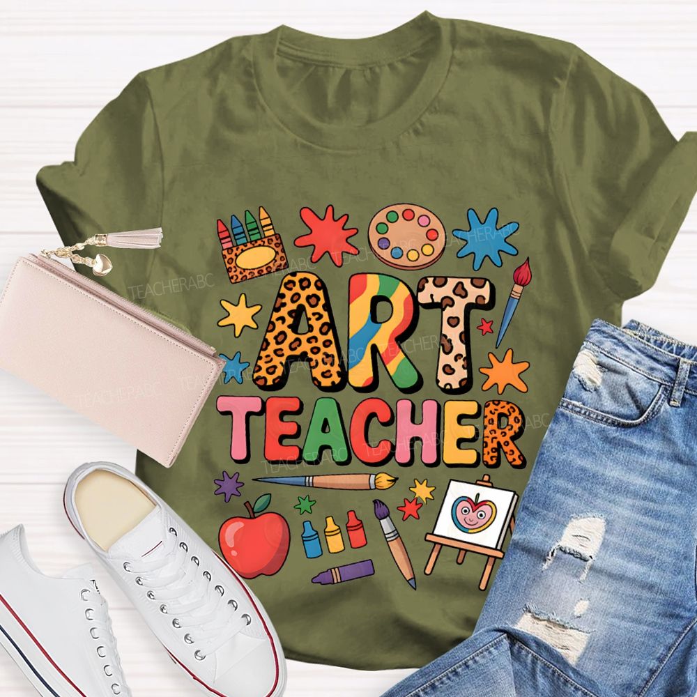 Art Teacher Colored Fonts And Crayons Teacher T-shirt