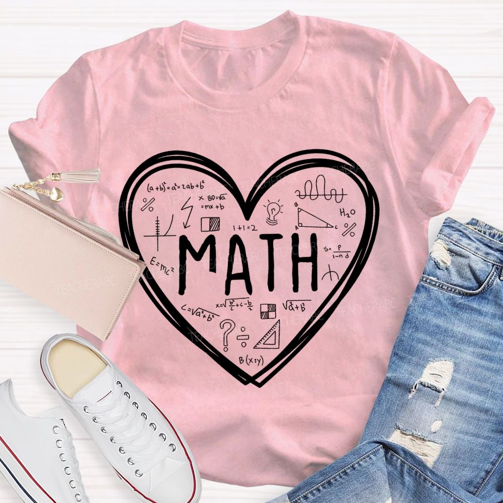 Mathematical Formulas And Heart-Shaped Prints Math Teacher T-shirt