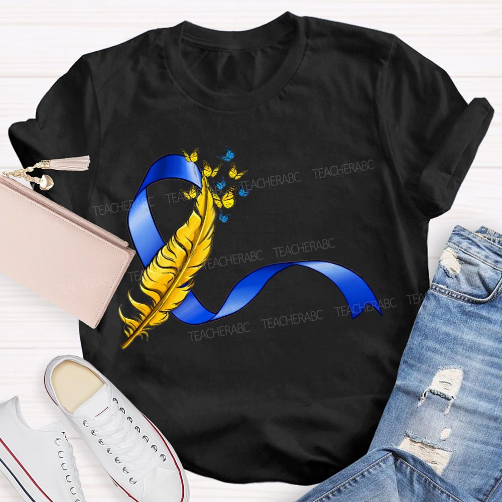 Down Syndrome Feathers And Butterfly Ribbons Teacher T-shirt
