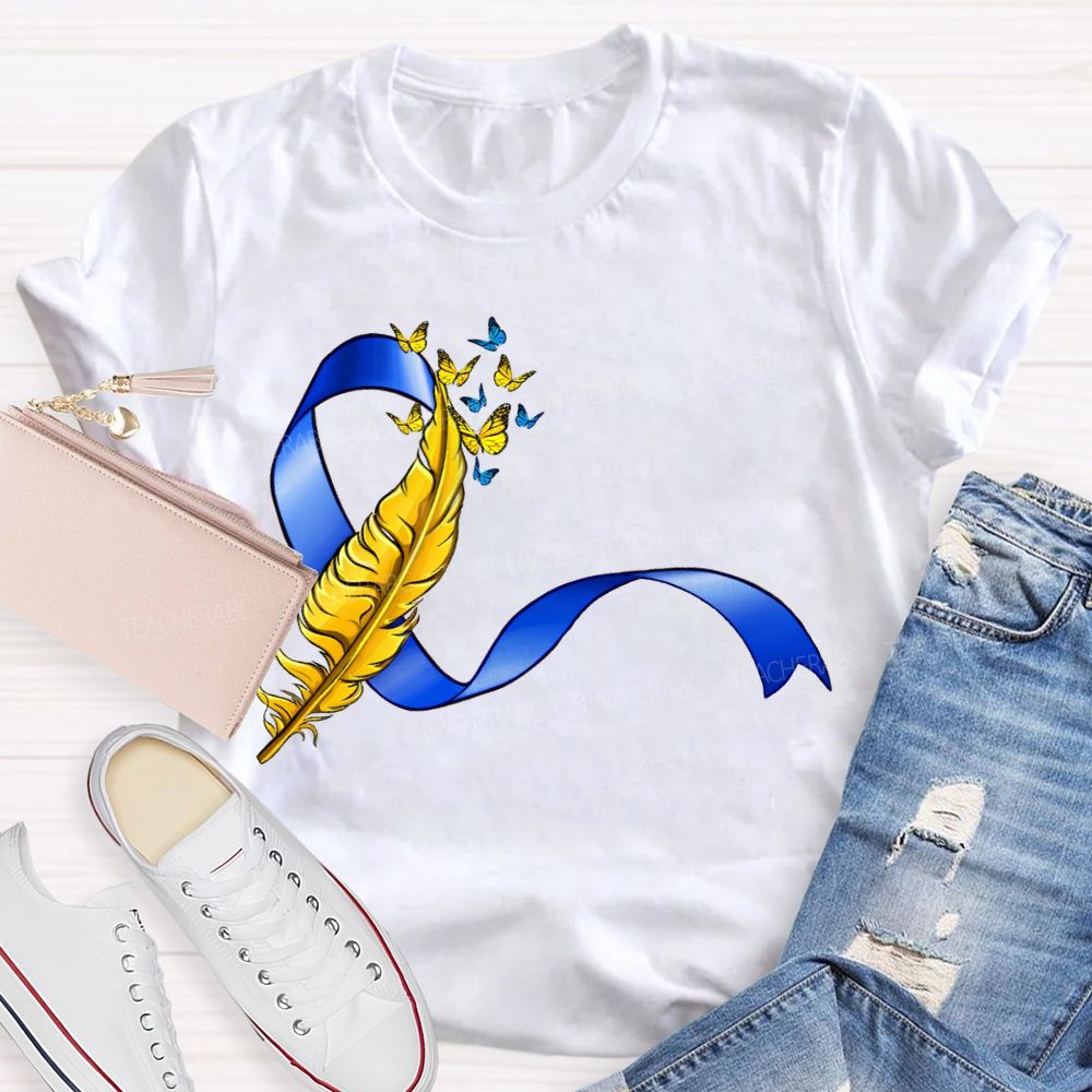 Down Syndrome Feathers And Butterfly Ribbons Teacher T-shirt