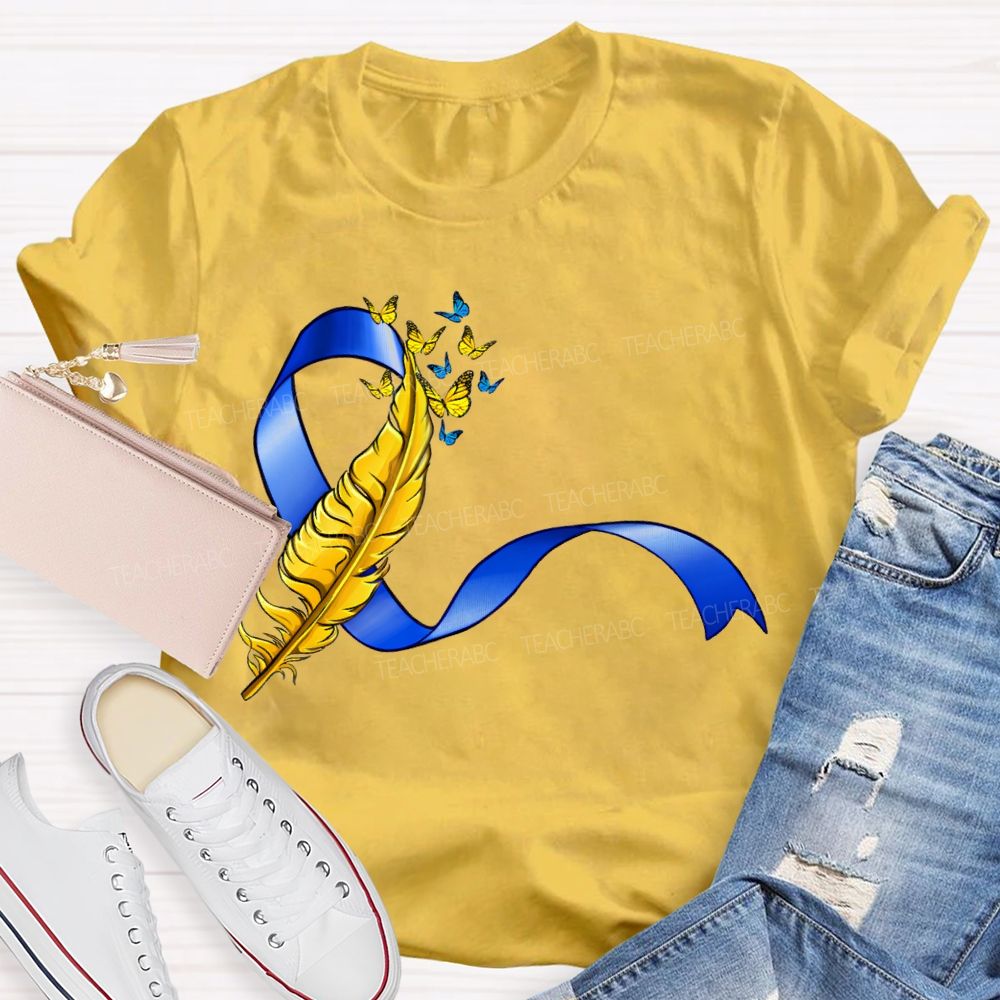 Down Syndrome Feathers And Butterfly Ribbons Teacher T-shirt