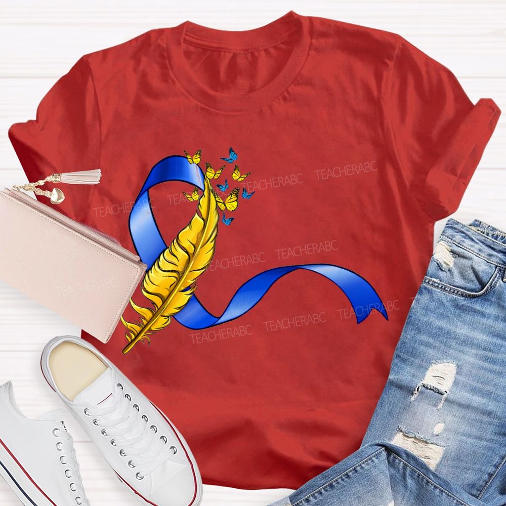 Down Syndrome Feathers And Butterfly Ribbons Teacher T-shirt