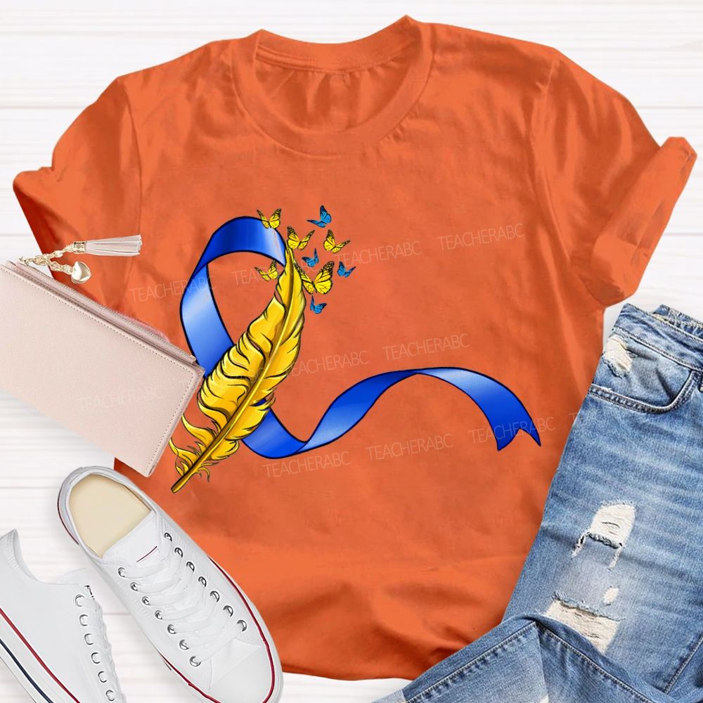 Down Syndrome Feathers And Butterfly Ribbons Teacher T-shirt