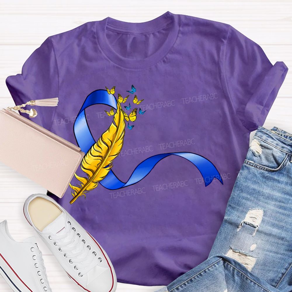 Down Syndrome Feathers And Butterfly Ribbons Teacher T-shirt