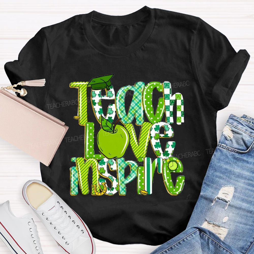 Teach Love Inspire Green Apple Strip Teacher T-shirt