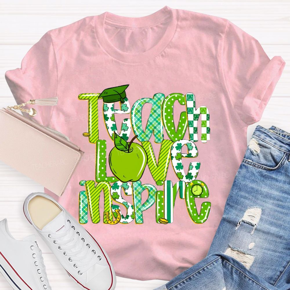 Teach Love Inspire Green Apple Strip Teacher T-shirt