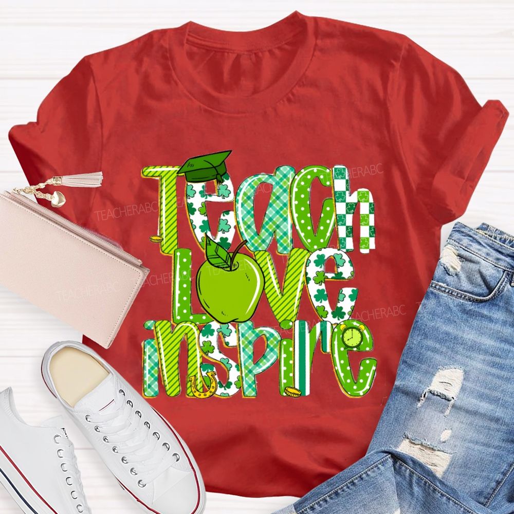 Teach Love Inspire Green Apple Strip Teacher T-shirt