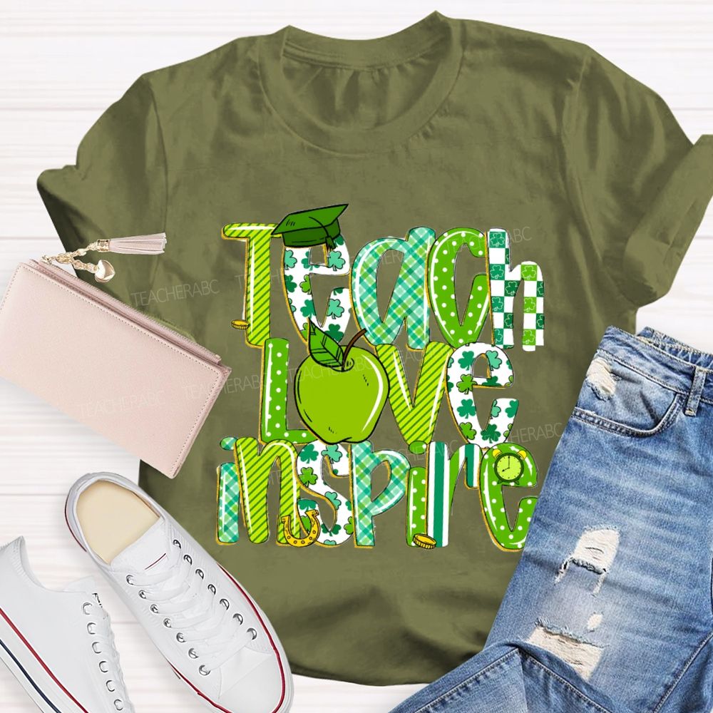 Teach Love Inspire Green Apple Strip Teacher T-shirt