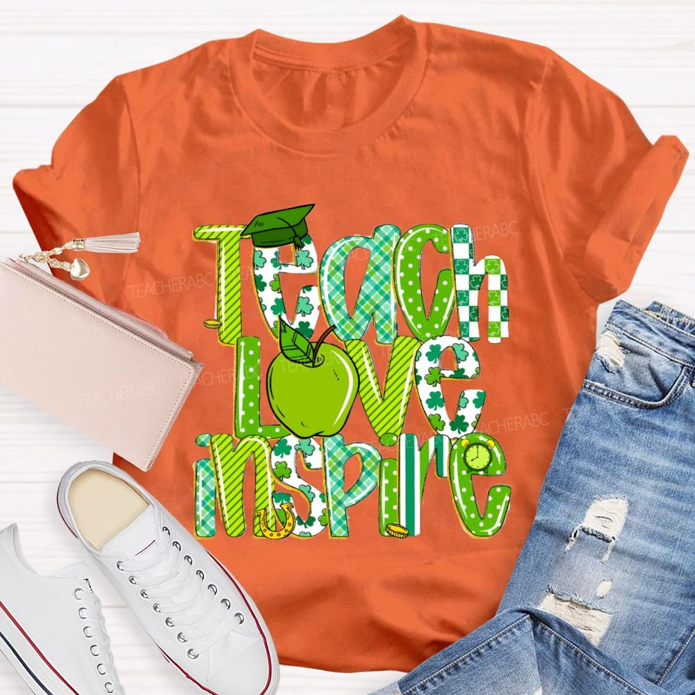 Teach Love Inspire Green Apple Strip Teacher T-shirt