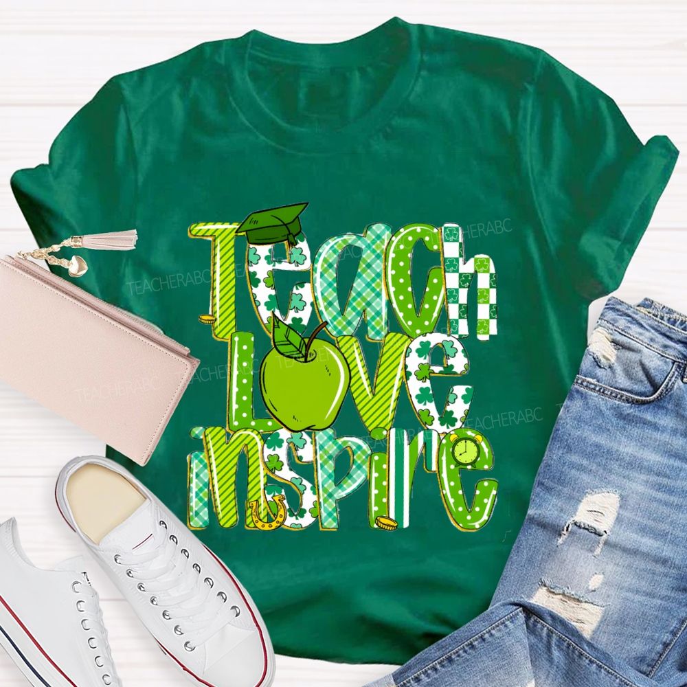 Teach Love Inspire Green Apple Strip Teacher T-shirt