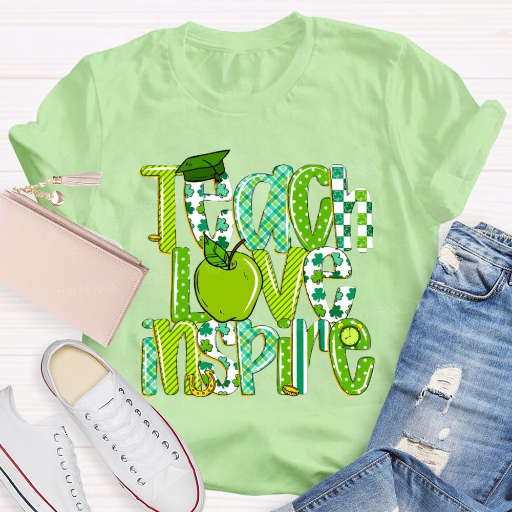 Teach Love Inspire Green Apple Strip Teacher T-shirt