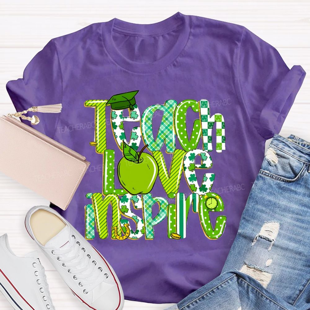 Teach Love Inspire Green Apple Strip Teacher T-shirt