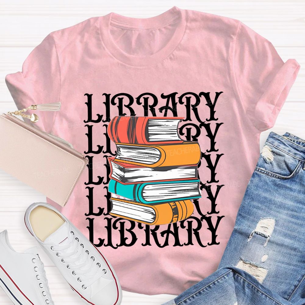 School Library Colored Books Teacher T-shirt