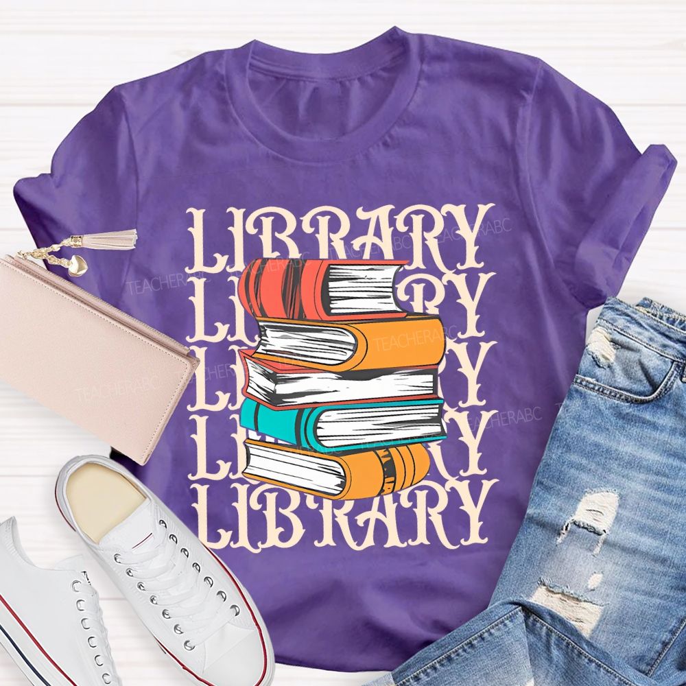 School Library Colored Books Teacher T-shirt