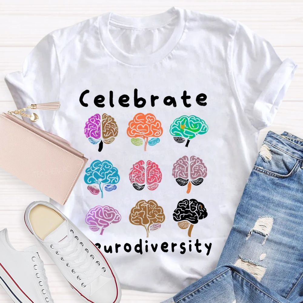 Celebrate Neurodiversity Colorful Brain  Teacher T-shirt