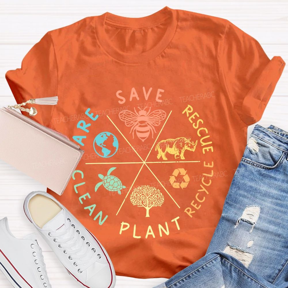 Save Care Clean Plant Recycle Rescue Pattern  Teacher T-shirt