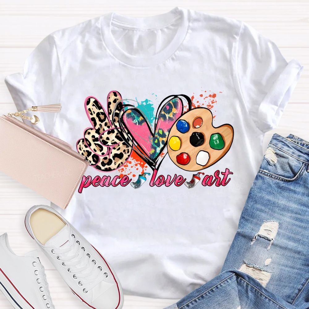 Peace Love Art Colorful Tie-Dye Hearts Teacher T-shirt
