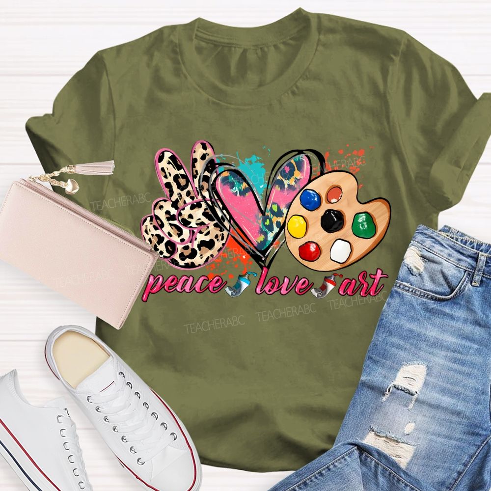 Peace Love Art Colorful Tie-Dye Hearts Teacher T-shirt