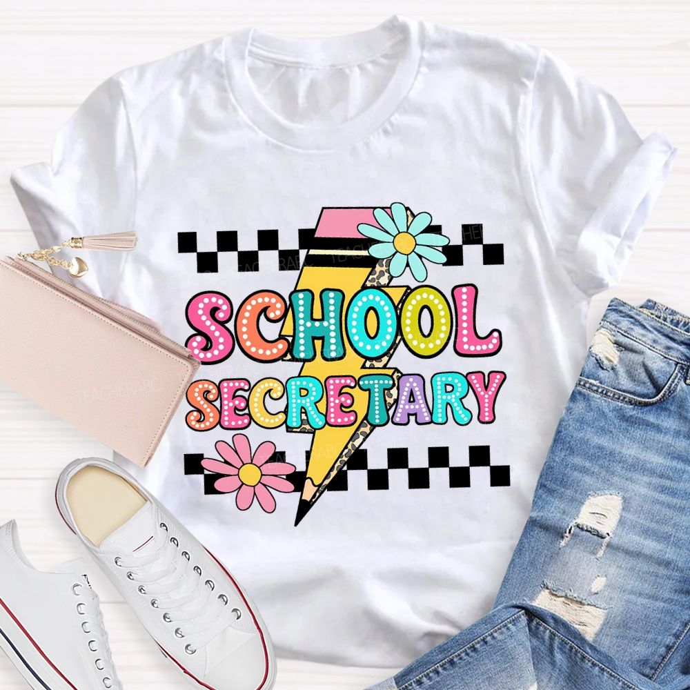 School Secretary Lightning Print And Checkered Pattern T-shirt