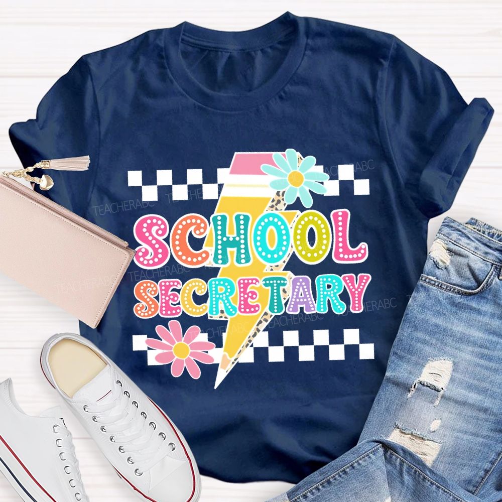 School Secretary Lightning Print And Checkered Pattern T-shirt
