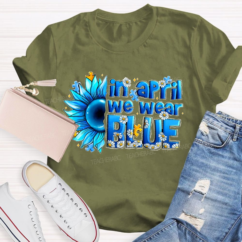 In April We Wear Blue Sunflower Puzzle  Teacher T-shirt