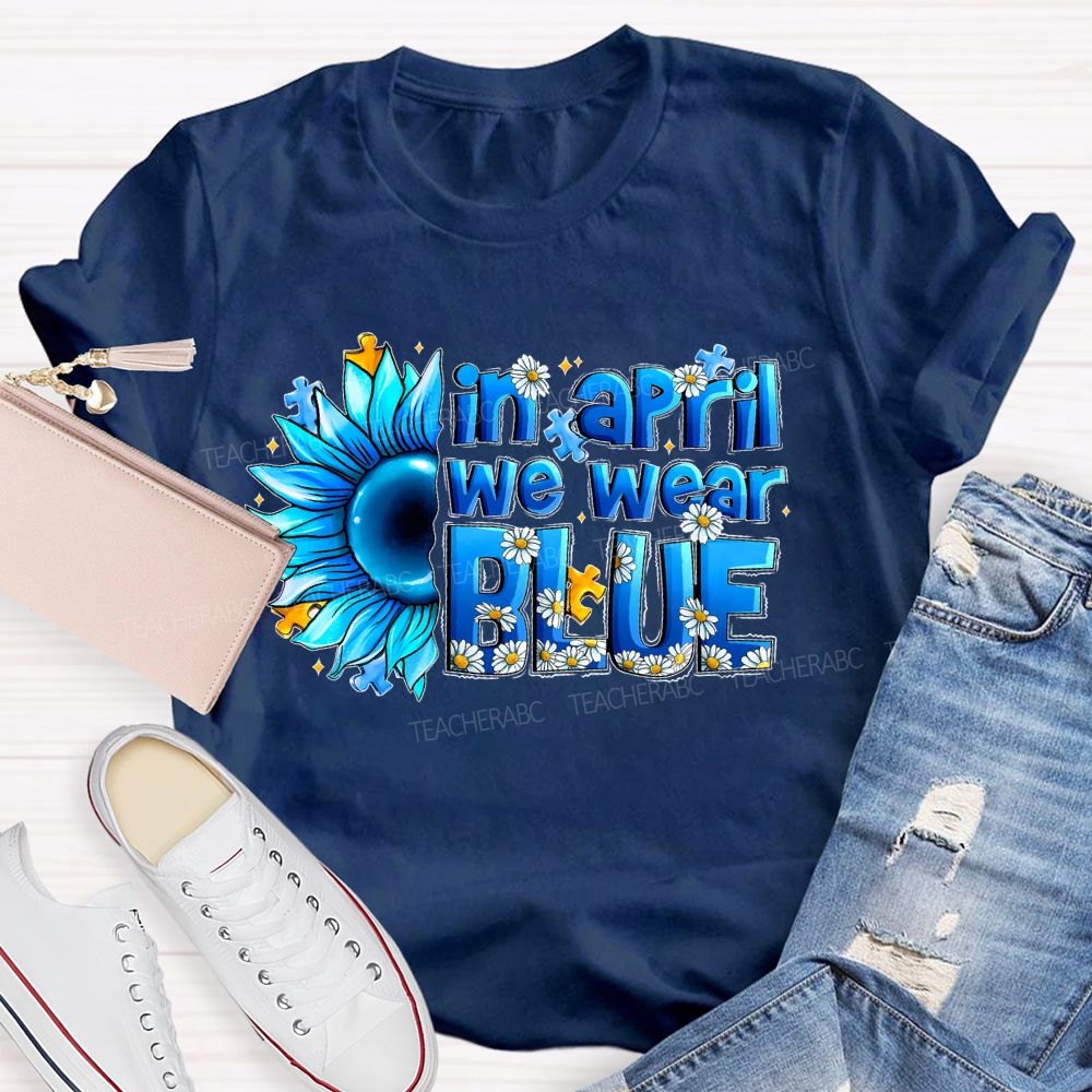 In April We Wear Blue Sunflower Puzzle  Teacher T-shirt