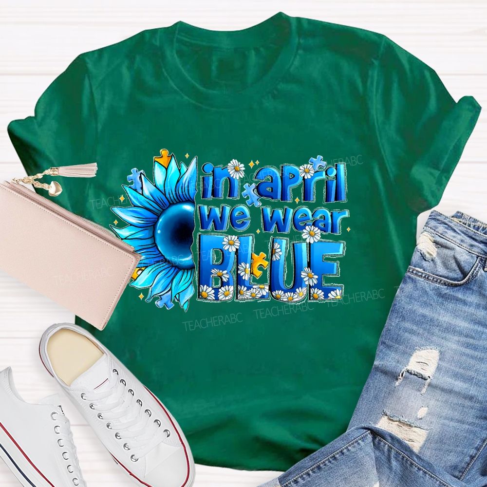 In April We Wear Blue Sunflower Puzzle  Teacher T-shirt