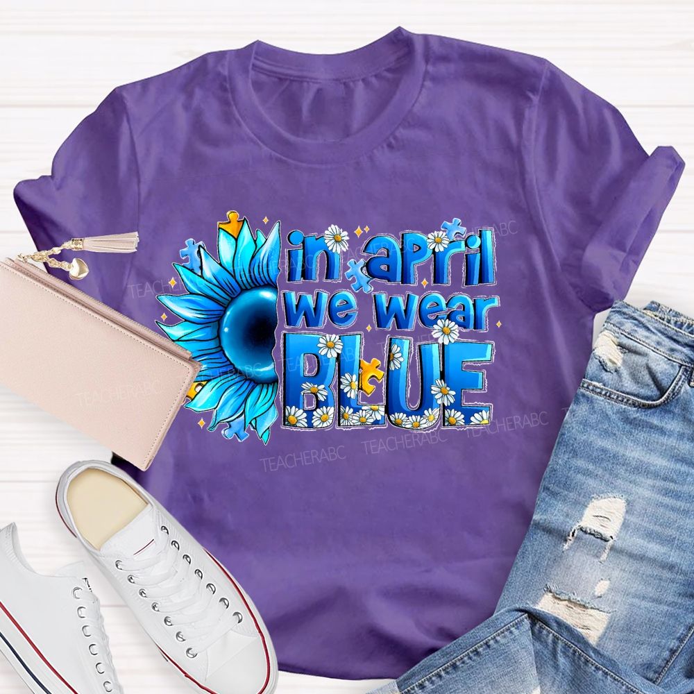 In April We Wear Blue Sunflower Puzzle  Teacher T-shirt