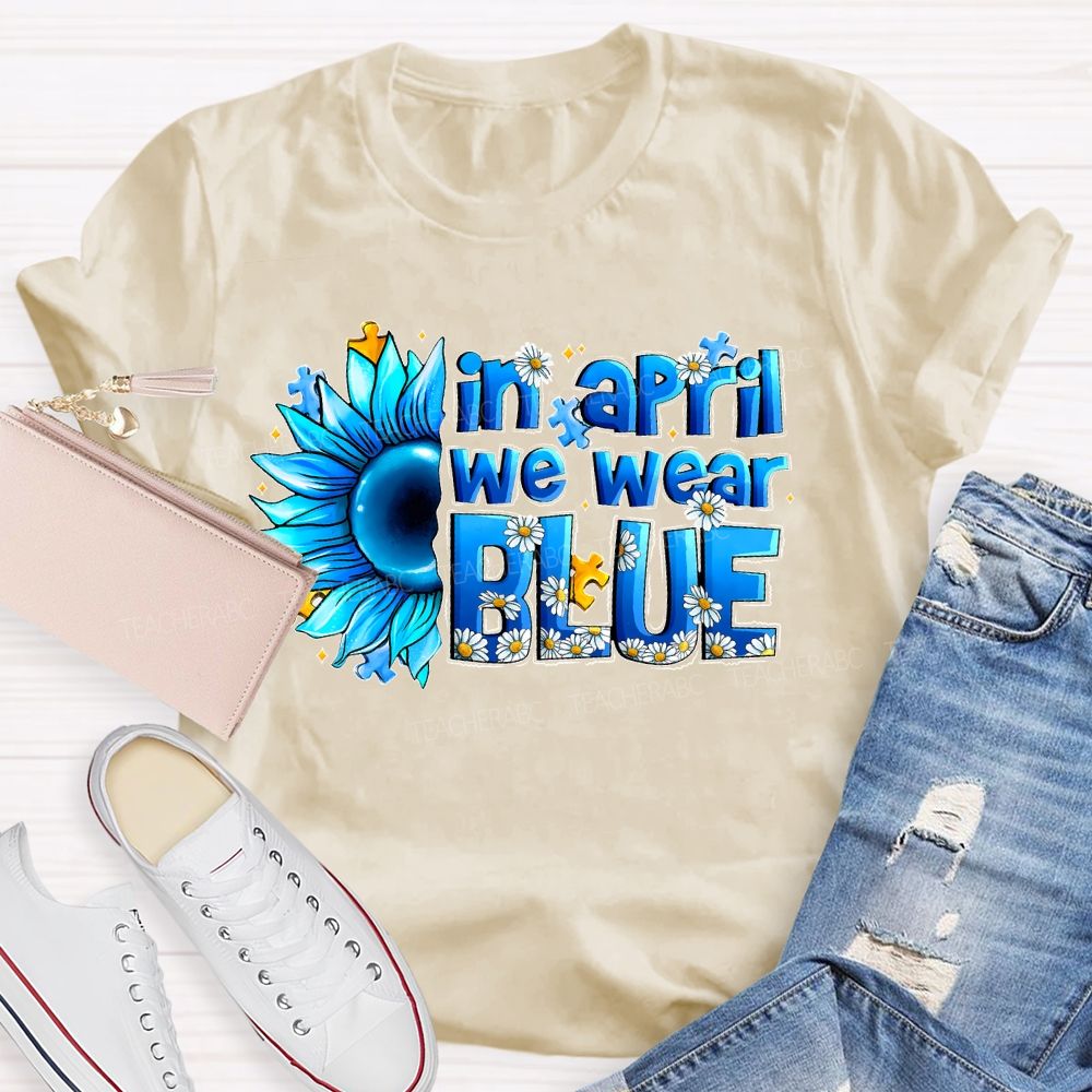 In April We Wear Blue Sunflower Puzzle  Teacher T-shirt