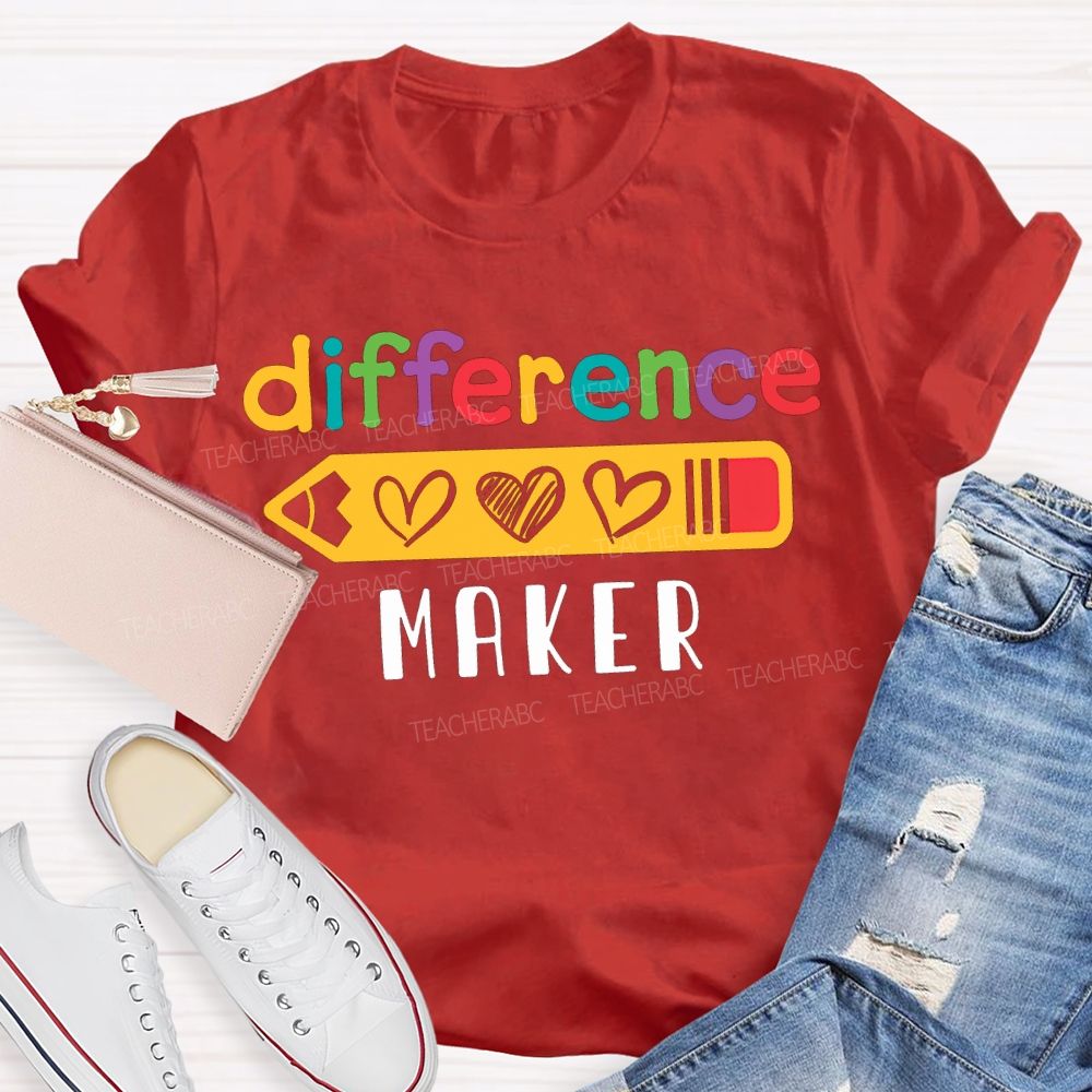 Difference Maker Colored Font And Heart-Shaped Pencil Teacher T-shirt