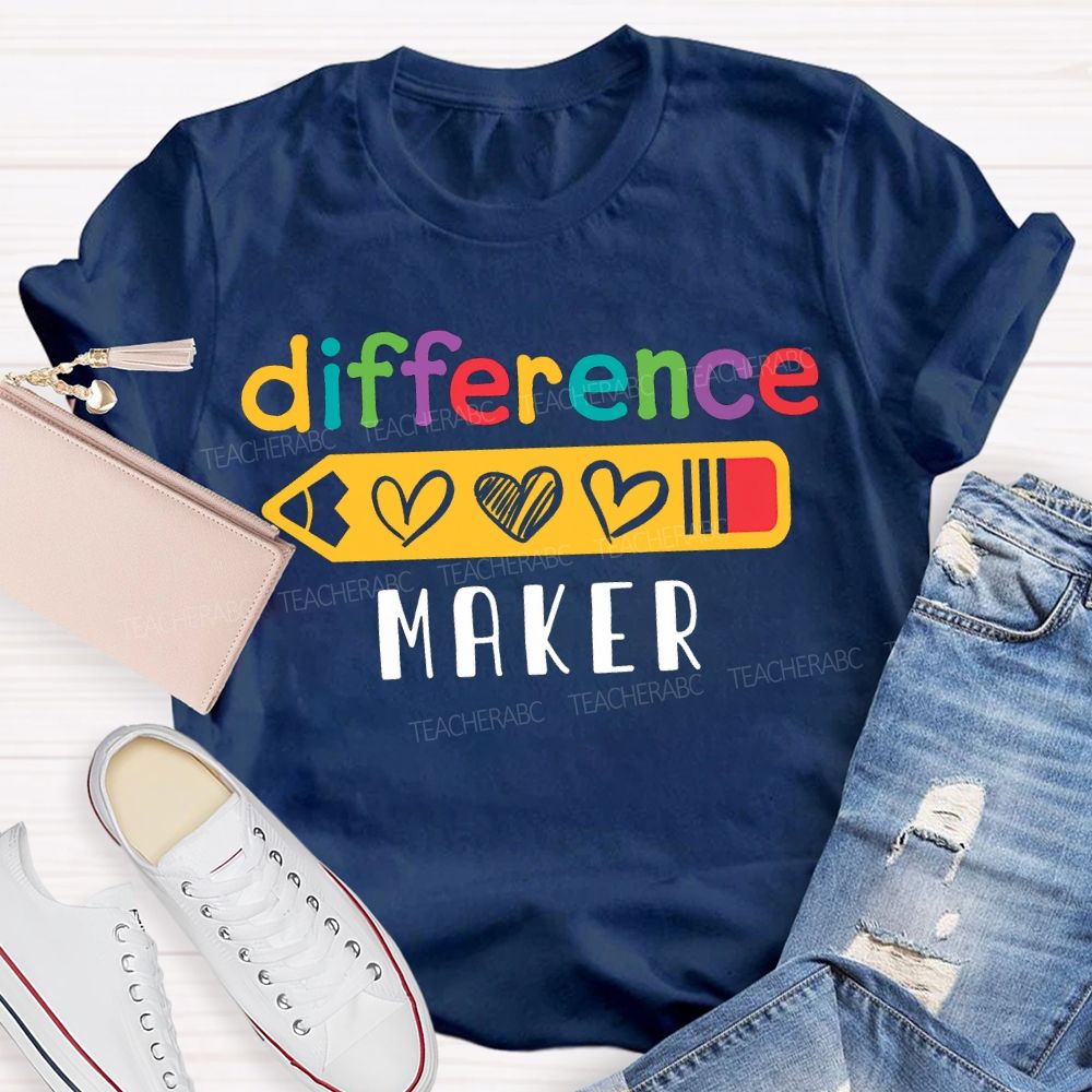 Difference Maker Colored Font And Heart-Shaped Pencil Teacher T-shirt