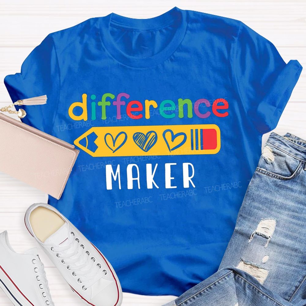 Difference Maker Colored Font And Heart-Shaped Pencil Teacher T-shirt